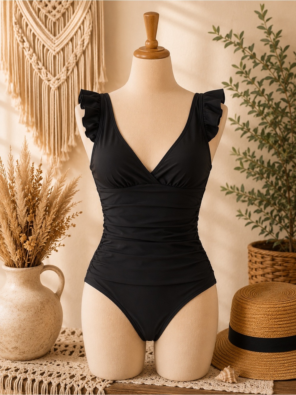 🌴🌴🌴DKNY Black One-Piece Swimsuit with Ruffle Straps